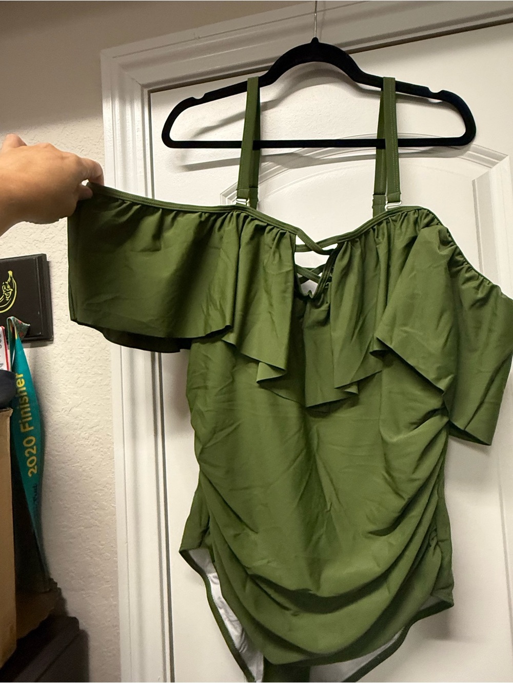 NWT Olive Green Ruffle One Piece Swimsuit Off Shoulder Strappy Back - Picture 3 of 8